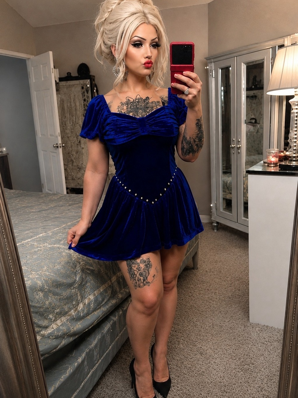 Blue Velvet Short Sleeve Mini Dress